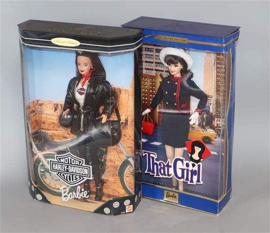 Eight Barbie dolls: two Grease, Harley Davidson & others